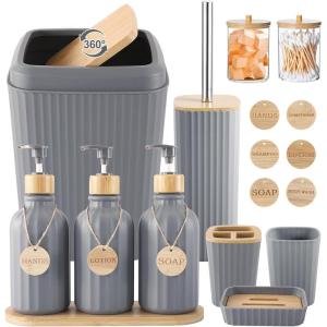 imageBathroom Set 17PCS Beige Bathroom Accessories Set Bathroom Sets with Trash Can 3PCS Lotion Soap Dispenser Toothbrush Holder6PCS Wood Tags Bathroom Accessories for Kitchen BathroomGrey