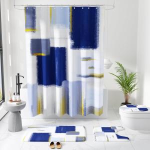 imageBathroom Sets with Shower Curtain and Rugs  Luxury Black Bathroom Accessories Set Shower Curtain Set NonSlip Bathroom Rug Black and Gold Bathroom Decor for HomeNavy Blue