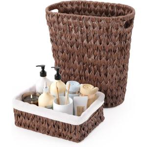 imageBathroom Trash Can with Wicker Storage Baskets12 Liter32Gallon Small Trash Can Handwoven Waste Basket Narrow Small Garbage Can for Bedroom BathroomOffice