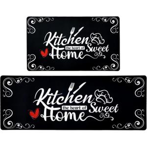 imageBlack and White 2 Pieces Kitchen Runner Rugs Set Non Slip Cushioned Mats for Floor Waterproof Comfort Kitchen Runners Rugs Farmhouse Chef Mats Floor Carpet for SinkLaundry Room