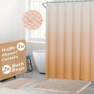 imageGreen Bathroom Accessories Set Bathroom Sets with Shower Curtain and Rugs No Slip Bathroom Rugs Super Absorbent Dark Green Bathroom Sets Complete for HomeWaffle Beige