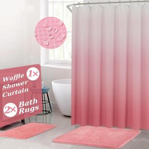 imageGreen Bathroom Accessories Set Bathroom Sets with Shower Curtain and Rugs No Slip Bathroom Rugs Super Absorbent Dark Green Bathroom Sets Complete for HomeWaffle Pink