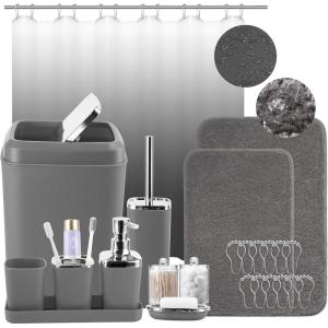imageGrey Bathroom Accessories Set Bathroom Sets with Shower Curtain and Rugs Trash Can Tray Soap Dispenser Soap Dish Toothbrush Holder Toothbrush CupToilet Brush and Qtip Holders for Home