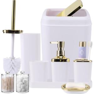 imageGrey Bathroom Accessories Sets Complete 9Piece Bathroom Accessories with Trash Can Vanity Tray Soap Dispenser Soap Dish Toothbrush Holder Toothbrush Cup Toilet Brush and Qtip HoldersWhite and Gold