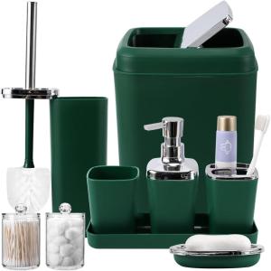 imageGrey Bathroom Accessories Sets Complete 9Piece Bathroom Accessories with Trash Can Vanity Tray Soap Dispenser Soap Dish Toothbrush Holder Toothbrush Cup Toilet Brush and Qtip HoldersDark Green