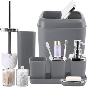 imageGrey Bathroom Accessories Sets Complete 9Piece Bathroom Accessories with Trash Can Vanity Tray Soap Dispenser Soap Dish Toothbrush Holder Toothbrush Cup Toilet Brush and Qtip HoldersGray