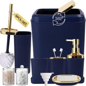 imageGrey Bathroom Accessories Sets Complete 9Piece Bathroom Accessories with Trash Can Vanity Tray Soap Dispenser Soap Dish Toothbrush Holder Toothbrush Cup Toilet Brush and Qtip HoldersNavy Blue and Gold