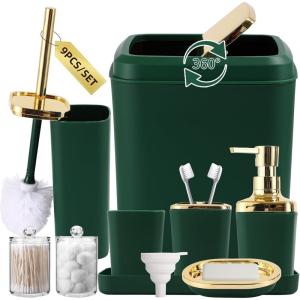 imageGrey Bathroom Accessories Sets Complete 9Piece Bathroom Accessories with Trash Can Vanity Tray Soap Dispenser Soap Dish Toothbrush Holder Toothbrush Cup Toilet Brush and Qtip HoldersDark Green and Gold