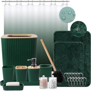 imageGrey Bathroom Accessories Sets Complete 9Piece Bathroom Accessories with Trash Can Vanity Tray Soap Dispenser Soap Dish Toothbrush Holder Toothbrush Cup Toilet Brush and Qtip HoldersHollow Dark Green