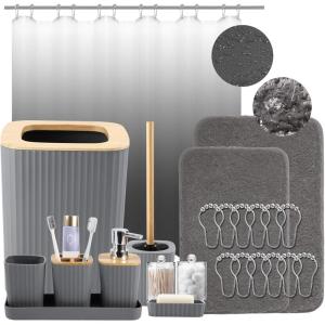 imageGrey Bathroom Accessories Sets Complete 9Piece Bathroom Accessories with Trash Can Vanity Tray Soap Dispenser Soap Dish Toothbrush Holder Toothbrush Cup Toilet Brush and Qtip HoldersHollow Grey