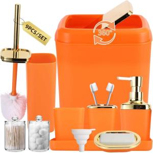imageGrey Bathroom Accessories Sets Complete 9Piece Bathroom Accessories with Trash Can Vanity Tray Soap Dispenser Soap Dish Toothbrush Holder Toothbrush Cup Toilet Brush and Qtip HoldersOrange and Gold