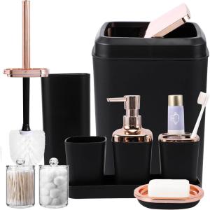 imageGrey Bathroom Accessories Sets Complete 9Piece Bathroom Accessories with Trash Can Vanity Tray Soap Dispenser Soap Dish Toothbrush Holder Toothbrush Cup Toilet Brush and Qtip HoldersBlack