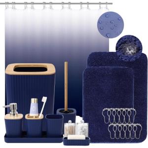 imageGrey Bathroom Accessories Sets Complete 9Piece Bathroom Accessories with Trash Can Vanity Tray Soap Dispenser Soap Dish Toothbrush Holder Toothbrush Cup Toilet Brush and Qtip HoldersHollow Navy Blue