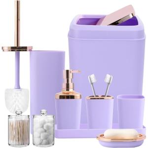 imageGrey Bathroom Accessories Sets Complete 9Piece Bathroom Accessories with Trash Can Vanity Tray Soap Dispenser Soap Dish Toothbrush Holder Toothbrush Cup Toilet Brush and Qtip HoldersLight Purple