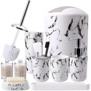 imageGrey Bathroom Accessories Sets Complete 9Piece Bathroom Accessories with Trash Can Vanity Tray Soap Dispenser Soap Dish Toothbrush Holder Toothbrush Cup Toilet Brush and Qtip HoldersWhite Marble