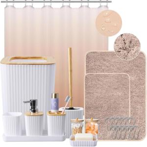 imageGrey Bathroom Accessories Sets Complete 9Piece Bathroom Accessories with Trash Can Vanity Tray Soap Dispenser Soap Dish Toothbrush Holder Toothbrush Cup Toilet Brush and Qtip HoldersHollow White