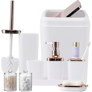 imageGrey Bathroom Accessories Sets Complete 9Piece Bathroom Accessories with Trash Can Vanity Tray Soap Dispenser Soap Dish Toothbrush Holder Toothbrush Cup Toilet Brush and Qtip HoldersWhite