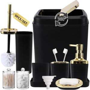 imageGrey Bathroom Accessories Sets Complete 9Piece Bathroom Accessories with Trash Can Vanity Tray Soap Dispenser Soap Dish Toothbrush Holder Toothbrush Cup Toilet Brush and Qtip HoldersBlackGold