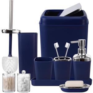 imageGrey Bathroom Accessories Sets Complete 9Piece Bathroom Accessories with Trash Can Vanity Tray Soap Dispenser Soap Dish Toothbrush Holder Toothbrush Cup Toilet Brush and Qtip HoldersNavy Blue