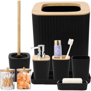 imageGrey Bathroom Accessories Sets Complete 9Piece Bathroom Accessories with Trash Can Vanity Tray Soap Dispenser Soap Dish Toothbrush Holder Toothbrush Cup Toilet Brush and Qtip HoldersHollow Black