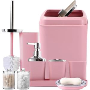 imageGrey Bathroom Accessories Sets Complete 9Piece Bathroom Accessories with Trash Can Vanity Tray Soap Dispenser Soap Dish Toothbrush Holder Toothbrush Cup Toilet Brush and Qtip HoldersDark Pink