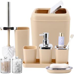 imageGrey Bathroom Accessories Sets Complete 9Piece Bathroom Accessories with Trash Can Vanity Tray Soap Dispenser Soap Dish Toothbrush Holder Toothbrush Cup Toilet Brush and Qtip HoldersBeige