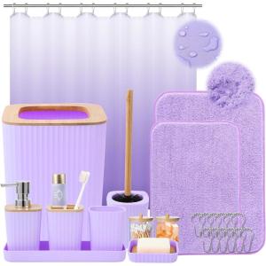 imageGrey Bathroom Accessories Sets Complete 9Piece Bathroom Accessories with Trash Can Vanity Tray Soap Dispenser Soap Dish Toothbrush Holder Toothbrush Cup Toilet Brush and Qtip HoldersHollow Light Purple