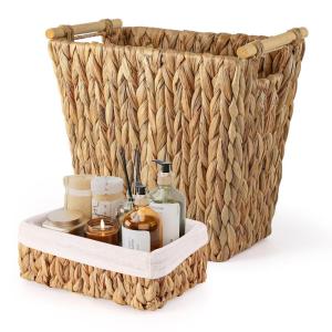 imageGrey Trash Can with Wicker Storage Baskets12 Liter32Gallon Small Bathroom Trash Can Handwoven Waste Basket Narrow Small Garbage Can for Bedroom BathroomOfficeBeige