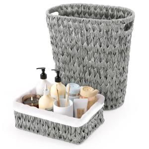 imageGrey Trash Can with Wicker Storage Baskets12 Liter32Gallon Small Bathroom Trash Can Handwoven Waste Basket Narrow Small Garbage Can for Bedroom BathroomOfficeGrey