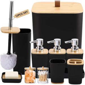 imagePurple Bathroom Set Purple Bathroom Accessories Set with Trash Can 2PCS Soap Dispensers Soap Dish Toothbrush Holder Toothbrush CupToilet Brush Tray and Qtip Holders for Bathroom DecorBamboo Bath Set