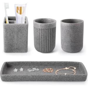 imageResin 6 Pcs Purple Bathroom Set Complete with Toothbrush Holder Lotion Soap Dispenser 2 Qtip Holder DispensersVanity TrayBathroom Tumbler  Countertop Vanity Organizer  Bathroom AccessoriesGray