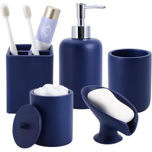 imageResin 6 Pcs Purple Bathroom Set Complete with Toothbrush Holder Lotion Soap Dispenser 2 Qtip Holder DispensersVanity TrayBathroom Tumbler  Countertop Vanity Organizer  Bathroom AccessoriesNavy Blue