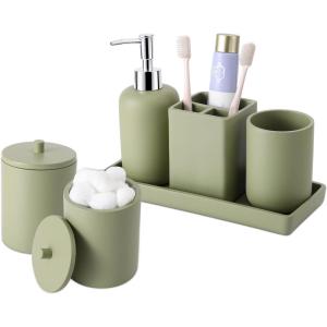 imageResin 6 Pcs Purple Bathroom Set Complete with Toothbrush Holder Lotion Soap Dispenser 2 Qtip Holder DispensersVanity TrayBathroom Tumbler  Countertop Vanity Organizer  Bathroom AccessoriesGreen