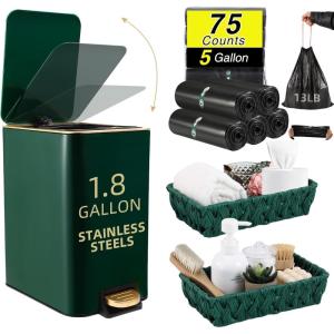 imageSmall Bathroom Trash Can with Lid Soft Close 18 Gallon Stainless Steel Garbage Can with Removable Inner BucketWicker Storage Baskets75Count Trash Bags Slim Step Pedal Trash BinsDark Green