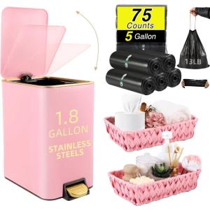 imageSmall Bathroom Trash Can with Lid Soft Close 18 Gallon Stainless Steel Garbage Can with Removable Inner BucketWicker Storage Baskets75Count Trash Bags Slim Step Pedal Trash BinsPink