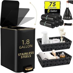 imageSmall Bathroom Trash Can with Lid Soft Close 18 Gallon Stainless Steel Garbage Can with Removable Inner BucketWicker Storage Baskets75Count Trash Bags Slim Step Pedal Trash BinsBlack
