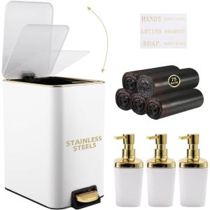 imageSmall Bathroom Trash Can with Lid Soft Close 18 Gallon Stainless Steel Garbage Can with Removable Inner BucketWicker Storage Baskets75Count Trash Bags Slim Step Pedal Trash BinsWhite