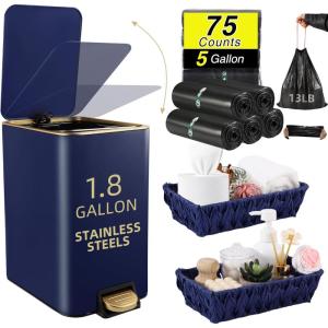 imageSmall Bathroom Trash Can with Lid Soft Close 18 Gallon Stainless Steel Garbage Can with Removable Inner BucketWicker Storage Baskets75Count Trash Bags Slim Step Pedal Trash BinsNavy Blue